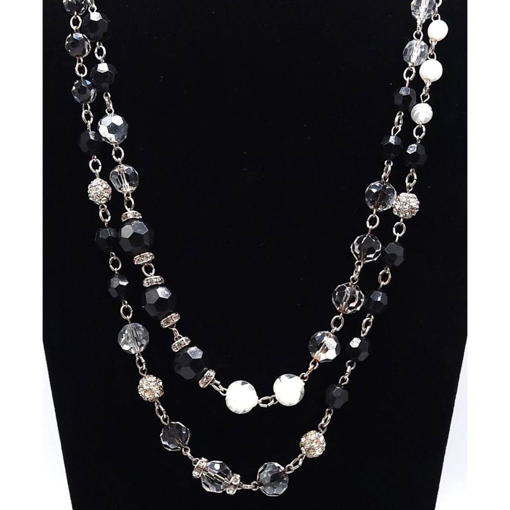 Double Strand Beaded Necklace 21in Black White